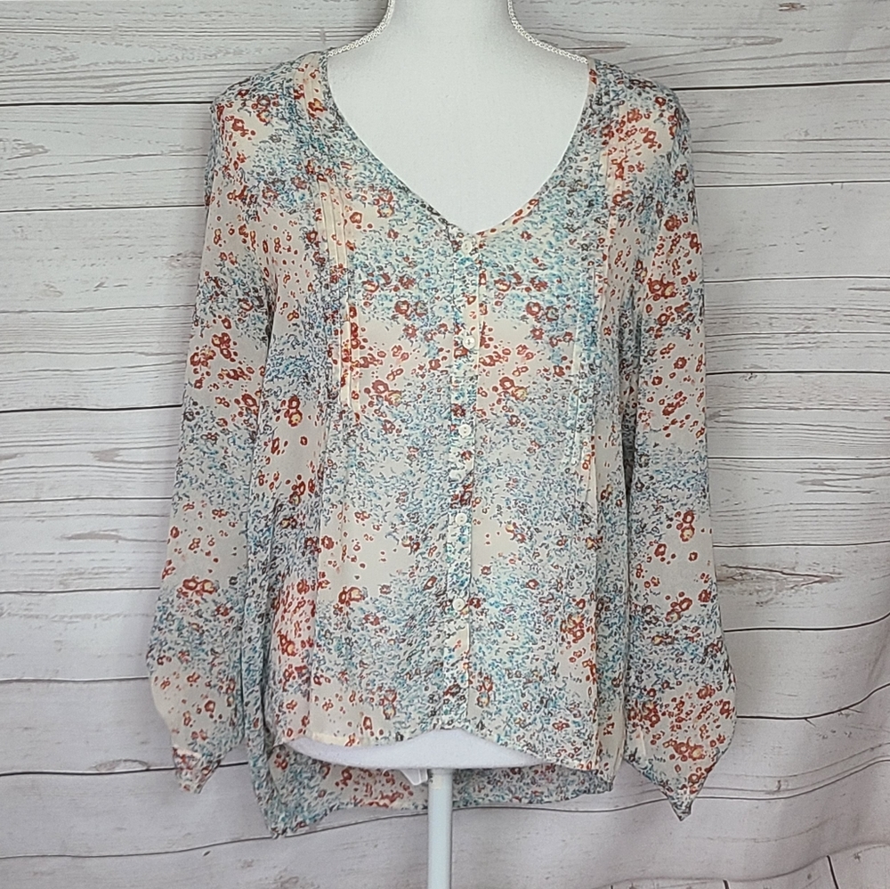 Pins & Needles Sheer Floral Print Roll up Sleeve Hi-Low Pleated Front Blouse